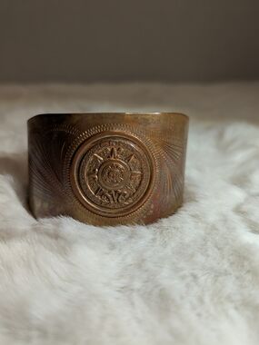 Vintage Mexican Copper Cuff - Etched Aztec Calendar